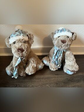 GT Gentle Treasures Gray Blue Brown Dog with Hat & Scarf 12" Plush Lot Of 2
